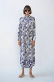 Belted Cotton Abstract Navy Dress