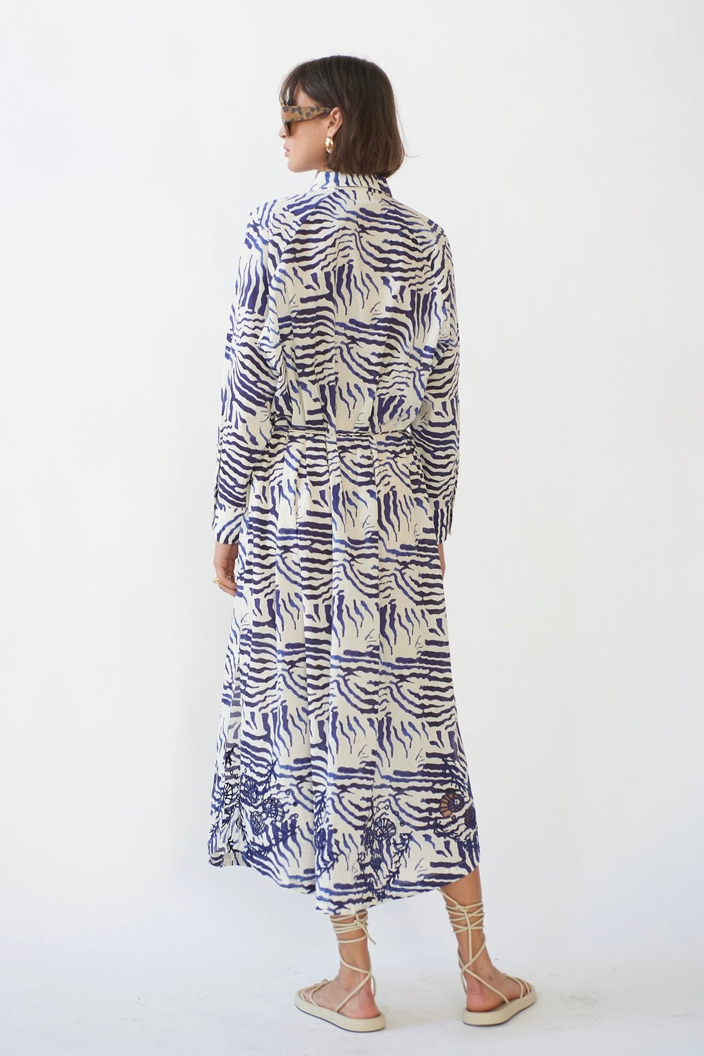 Belted Cotton Abstract Navy Dress