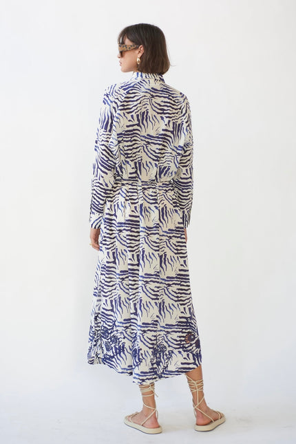 Belted Cotton Abstract Navy Dress