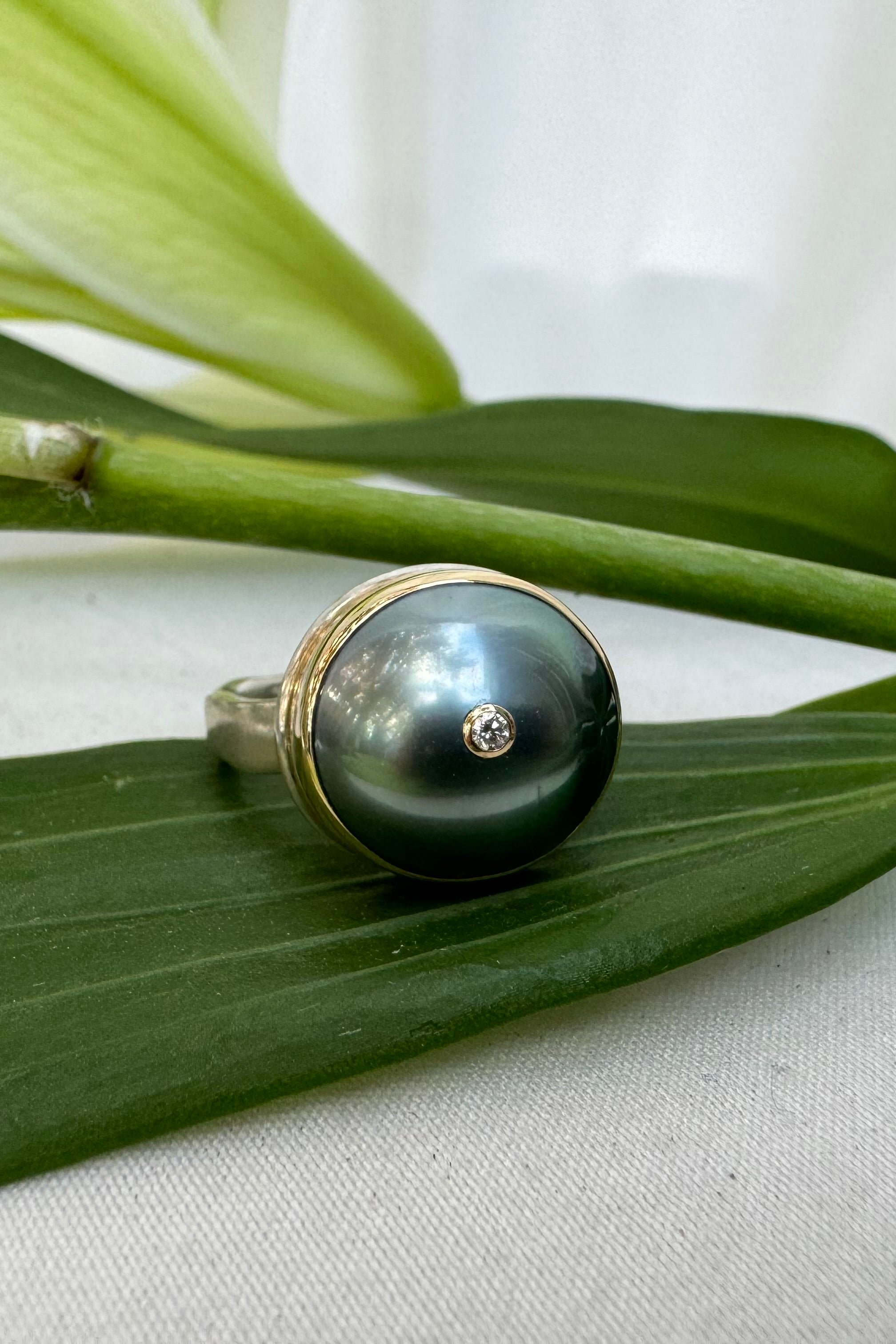 Tahitian Pearl Diamond Accent Ring - Size 7