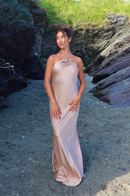 Silk Bias Slip Dress With Flower