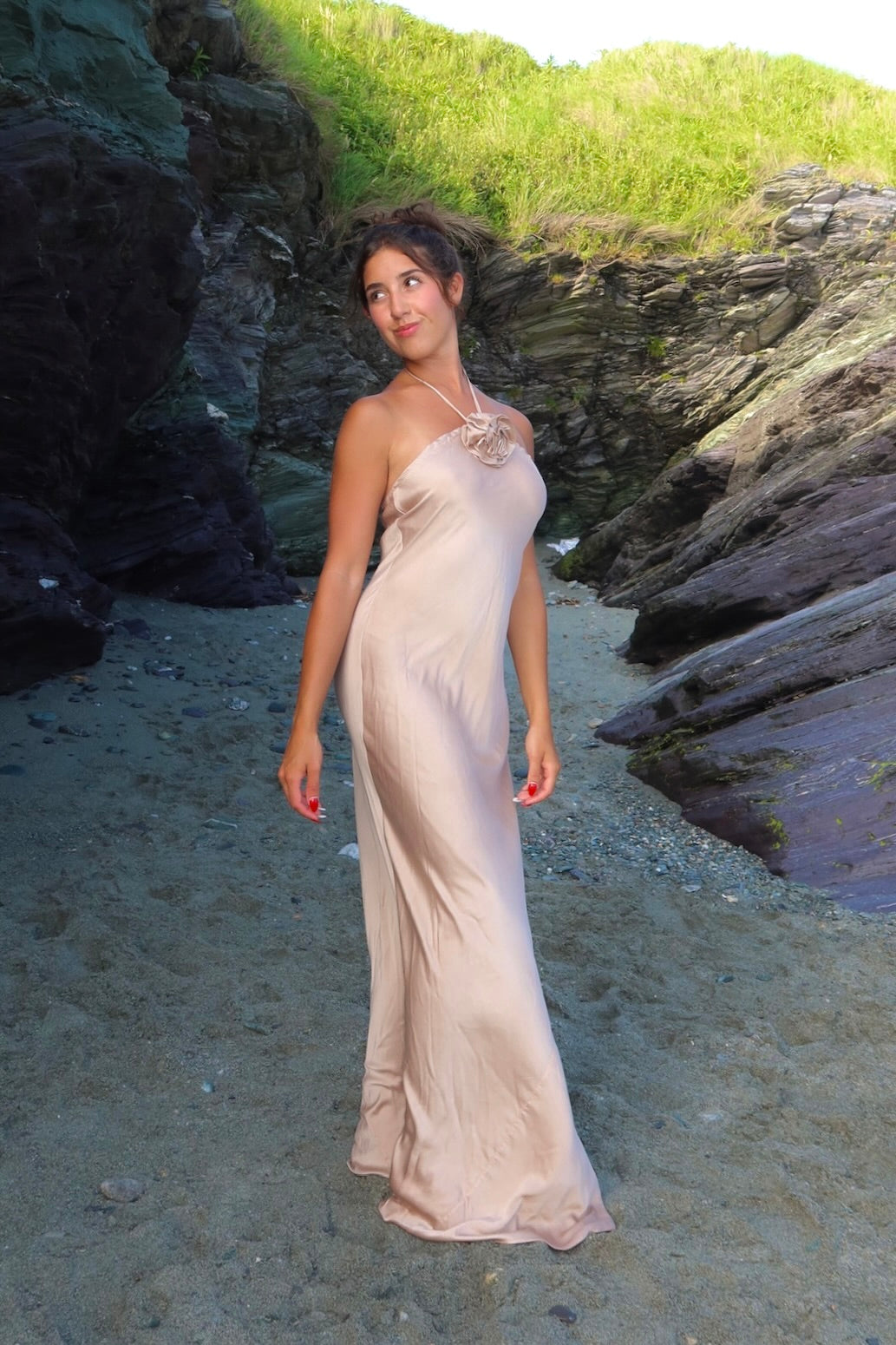 Silk Bias Slip Dress With Flower