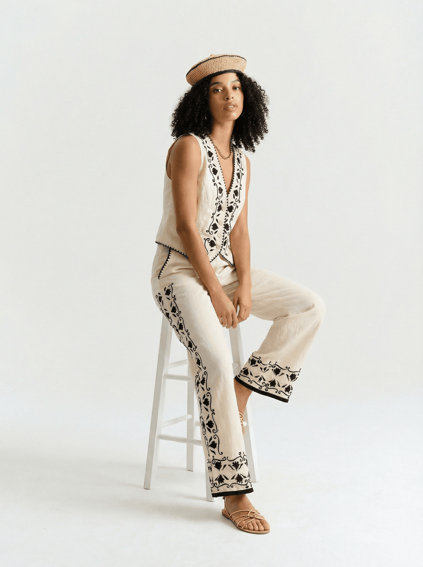 Cotton With Black Embroidery Trouser